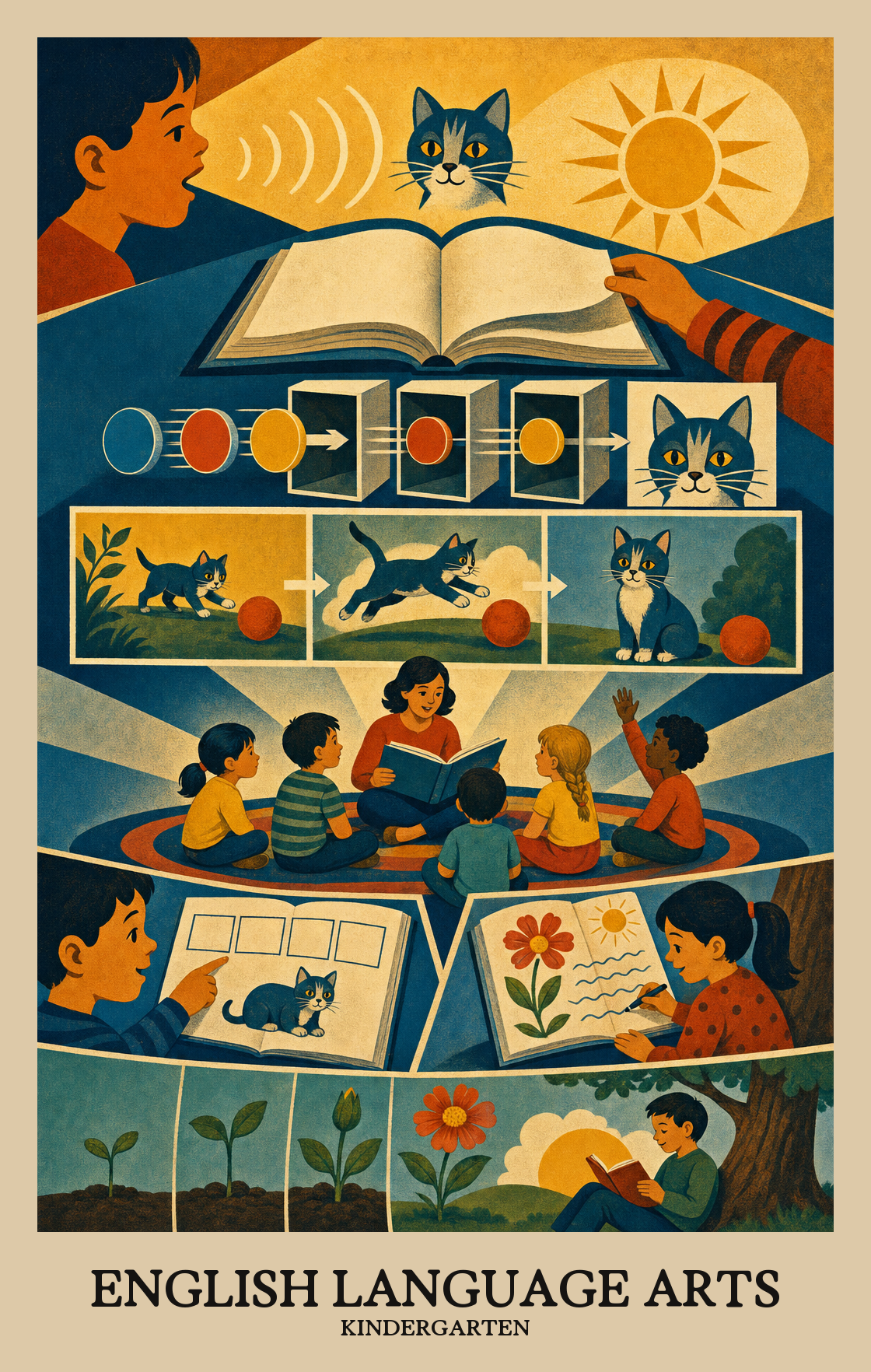 Illustration of what students learn in Kindergarten English Language Arts