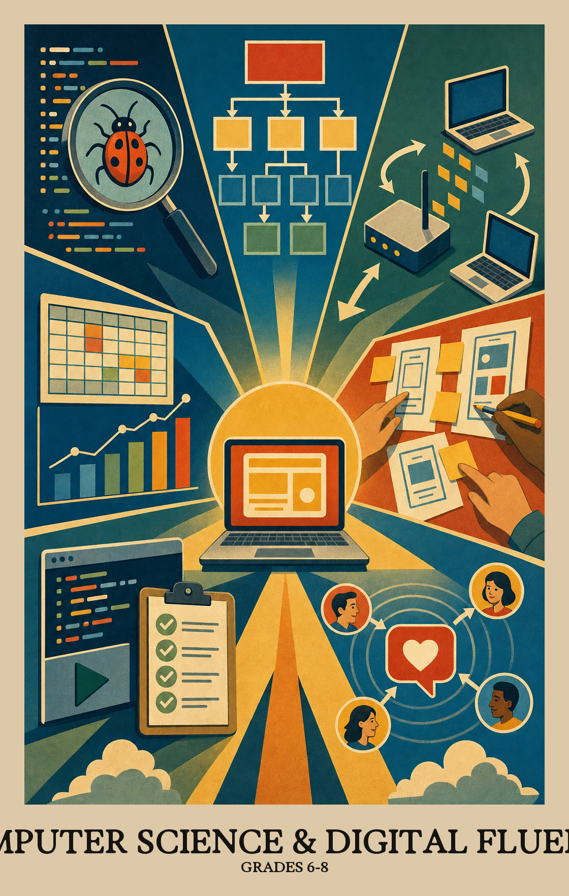 Illustration of what students learn in Grades 6-8 Computer Science & Digital Fluency