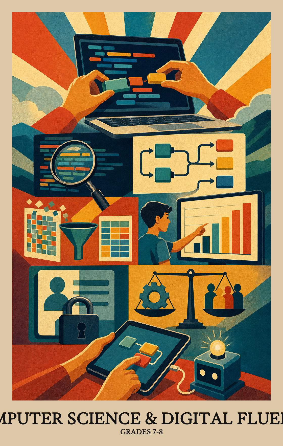 Illustration of what students learn in Grades 7-8 Computer Science & Digital Fluency